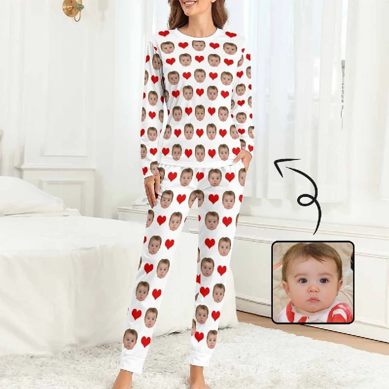 Custom Baby Face Pajamas Love Heart Sleepwear Personalized Women's Slumber Party Crewneck Long Pajamas Set Baby pajama sets