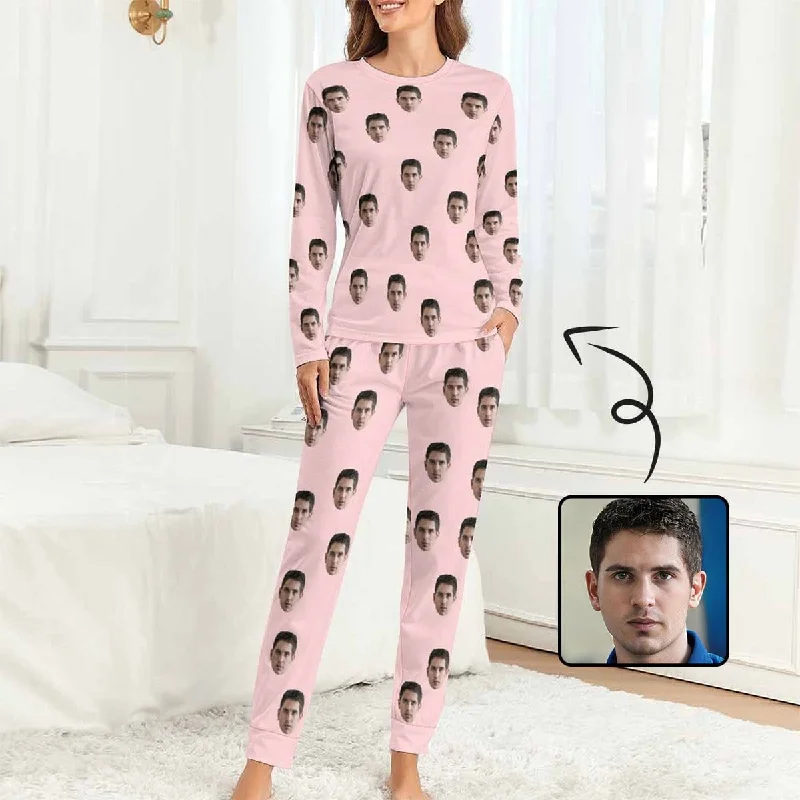 Custom Boyfriend Face Simple Sleepwear Personalized Women's Slumber Party Crewneck Long Pajamas Set Amazon pajama sets