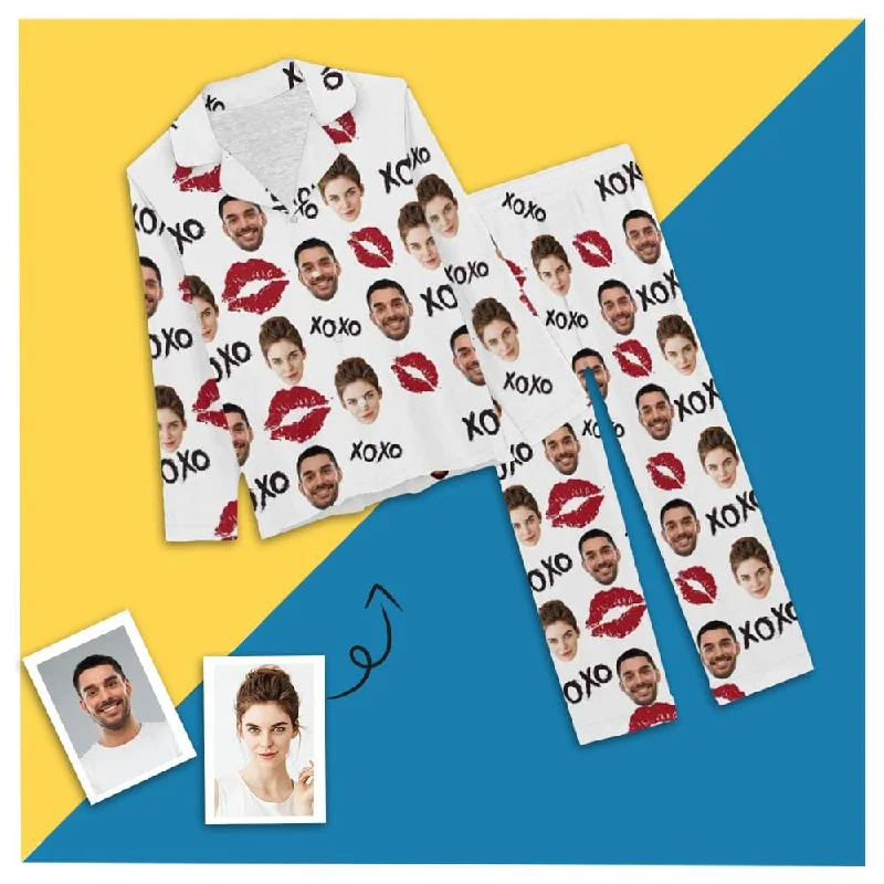 Custom Couple Face Pajamas Red Lips Sleepwear Personalized Women's Slumber Party Long Pajama Set Funny graphic pajama sets