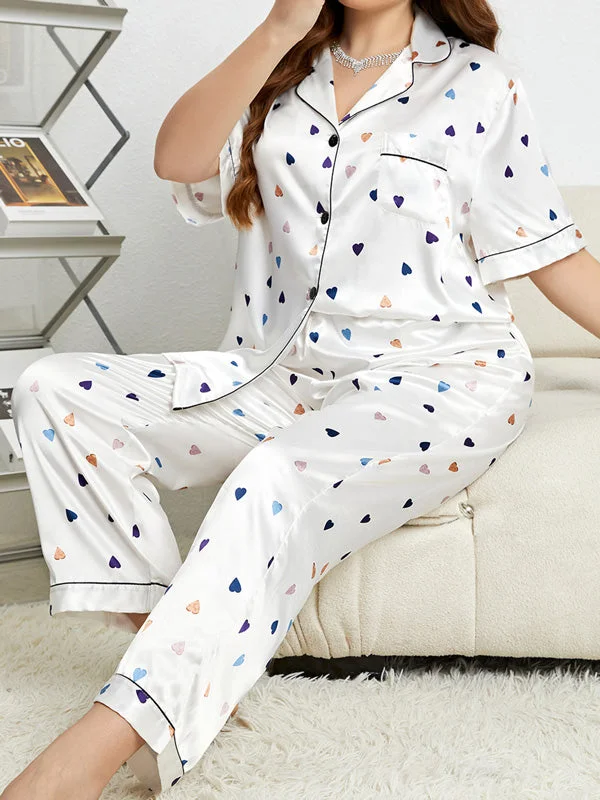 Satin Hear Printed Pajama Set Work-from-home pajama sets