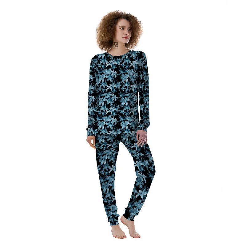 Tropical Blossom Blue Print Pattern Women's Pajamas Movie night pajama sets