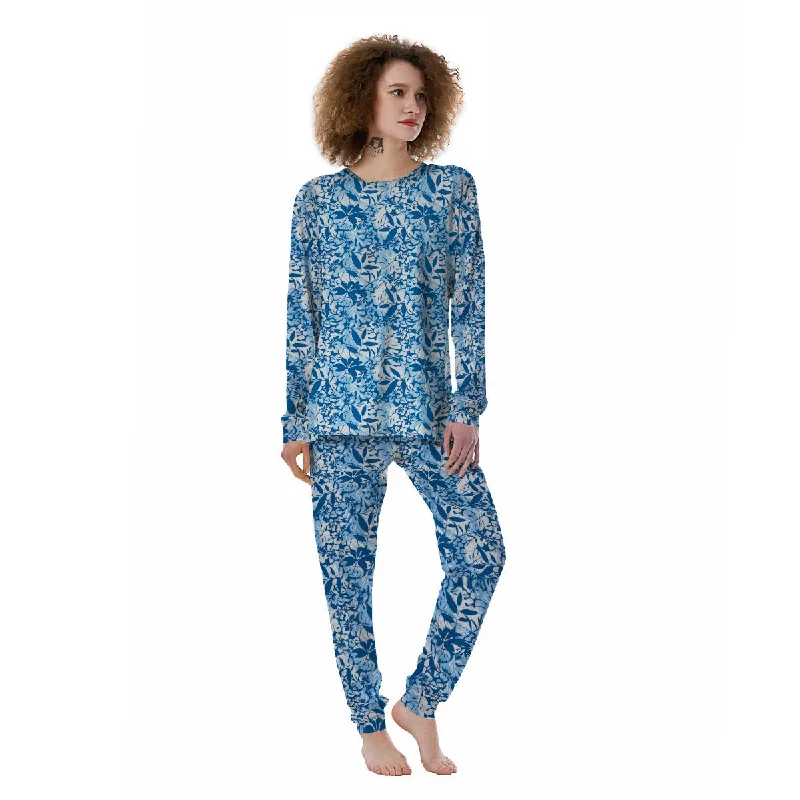 Tropical Hibiscus Blue Print Pattern Women's Pajamas Cartoon pajama sets