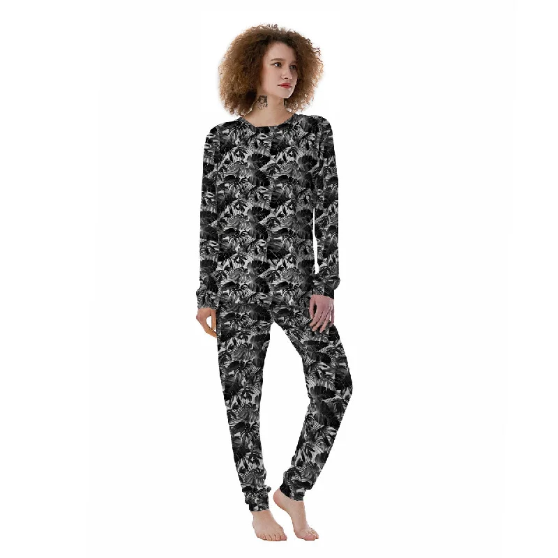 Tropical Leaf Black White Print Pattern Women's Pajamas Boho pajama sets