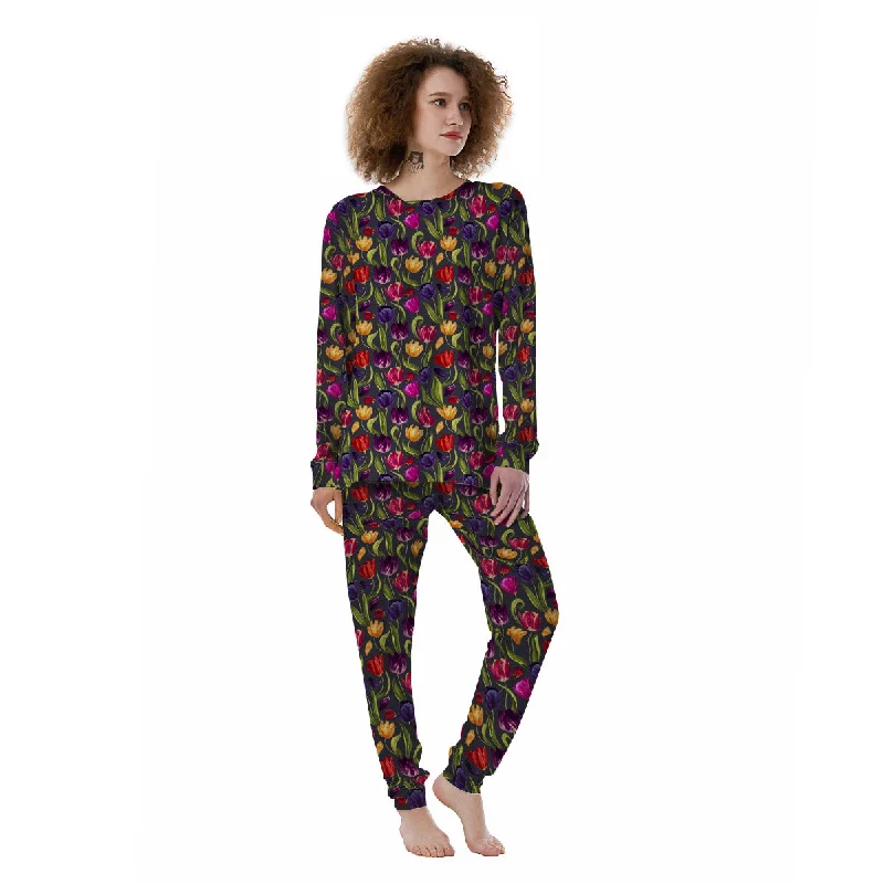 Tulip Colorful Watercolor Print Pattern Women's Pajamas Velvet pajama sets