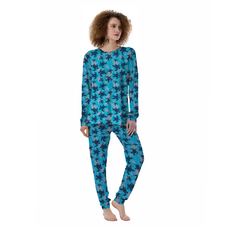 Turtle Blue Sea Print Pattern Women's Pajamas Silk pajama sets