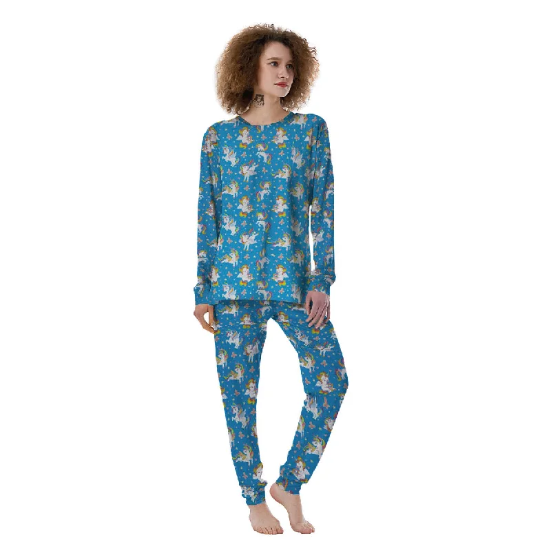 Unicorn Blue Rainbow Print Pattern Women's Pajamas Breathable cotton pajama sets