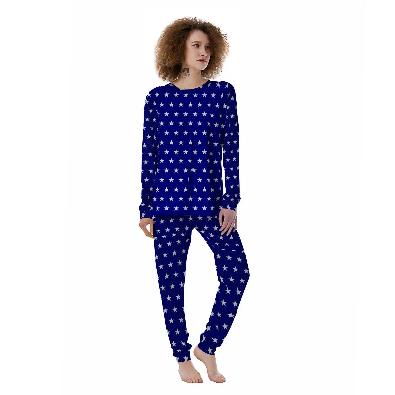 USA Star White And Blue Print Pattern Women's Pajamas Best pajama sets for cold weather