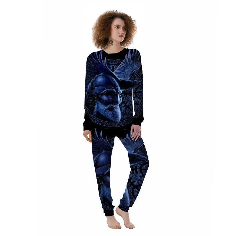 Viking God Odin And Crow Blue Print Women's Pajamas Travel pajama sets