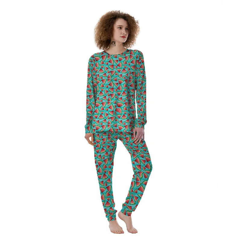 Watermelon Pieces Blue Print Pattern Women's Pajamas Softest pajama sets