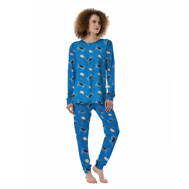 Wave Crab White And Blue Print Pattern Women's Pajamas Best pajama sets for lounging