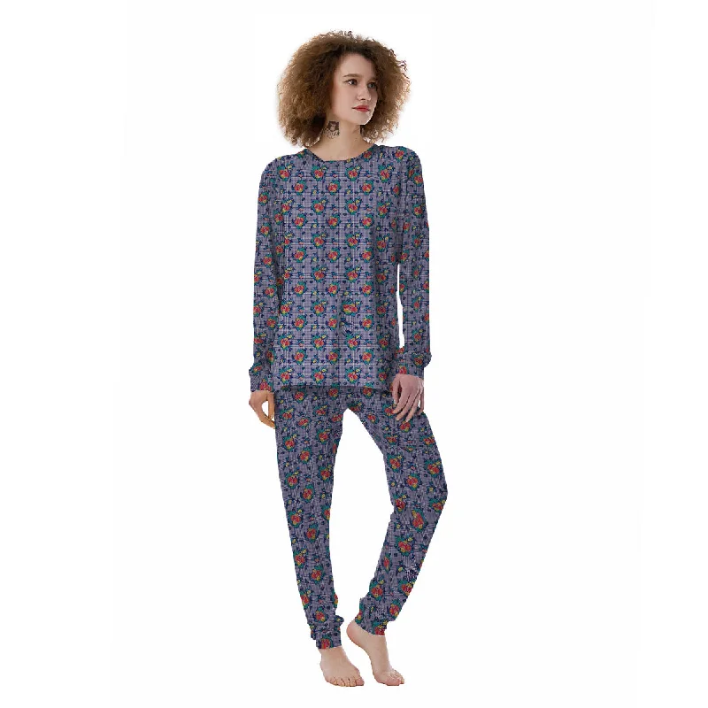 White And Blue Floral Glen Plaid Print Women's Pajamas Travel pajama sets