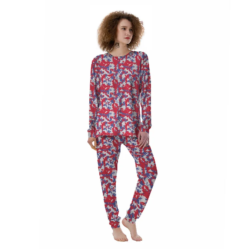 White Digital Camo And Blue Red Print Women's Pajamas Cooling pajama sets