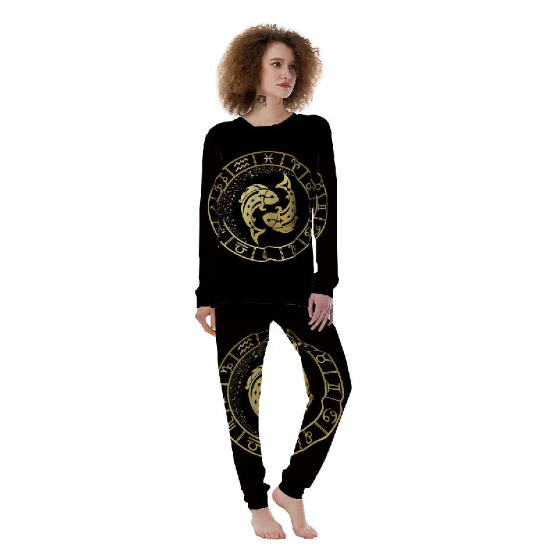 Zodiac Sign Golden Pisces Print Women's Pajamas Best pajama sets for elderly women