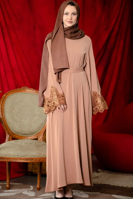 Latte Lace Sleeve Front Zipper Abaya Dress-CLEARANCE Satin Robe Set