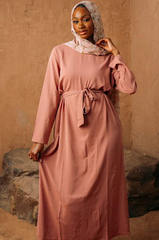 Pink Straight Sleeve Belt Abaya-CLEARANCE Comfy Satin Set