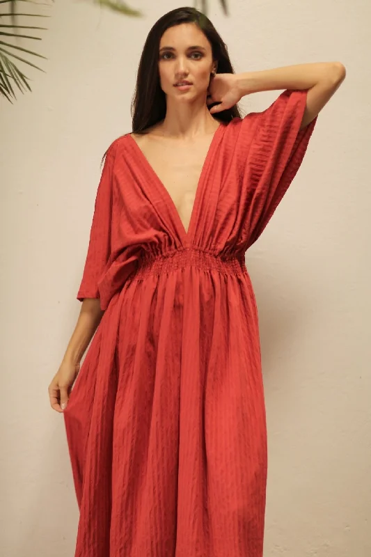 MELANTHIOS RED COTTON V-NECK DRESS Elegant Robe Gown