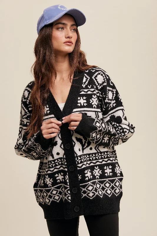 Black Printed Button Up Cardigan Women's fashion sweaters sale