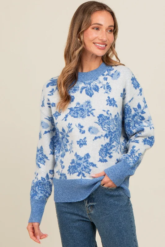 Blue Floral Crew Neck Sweater Best sweaters for winter