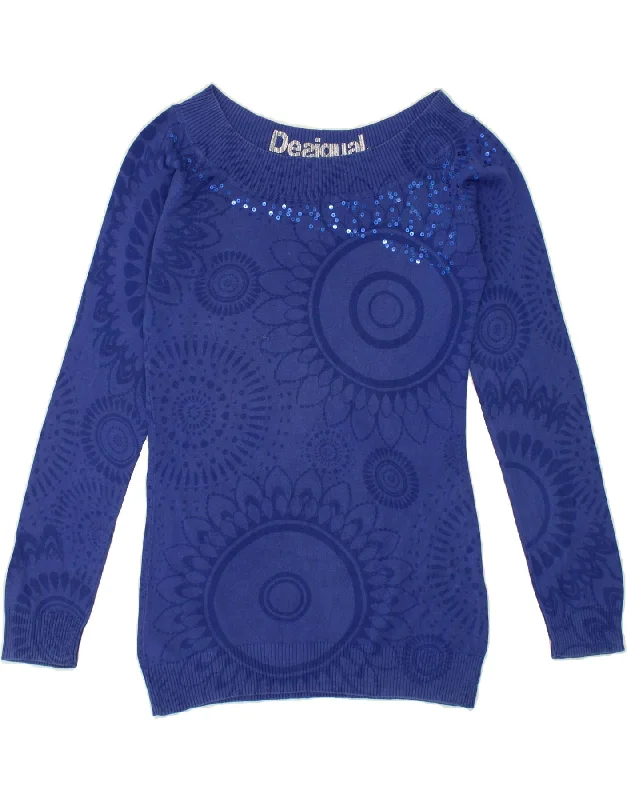 DESIGUAL Womens Graphic Boat Neck Jumper Sweater UK 14 Large Blue Luxury sweaters