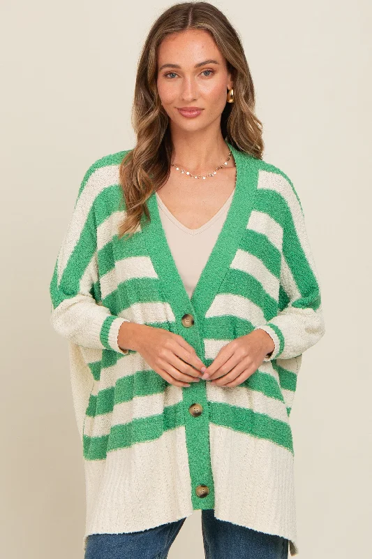 Green Textured Knit Striped Oversized Cardigan Travel sweaters