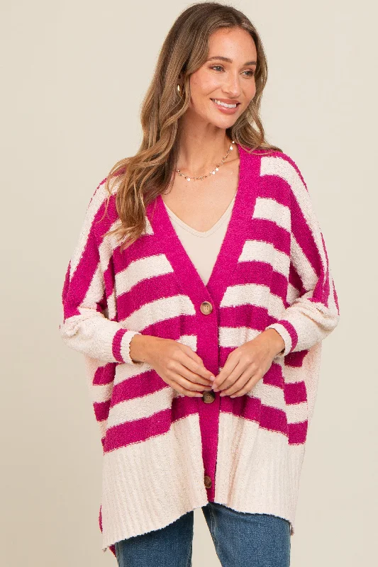 Magenta Textured Knit Striped Oversized Cardigan Wrinkle-resistant sweaters