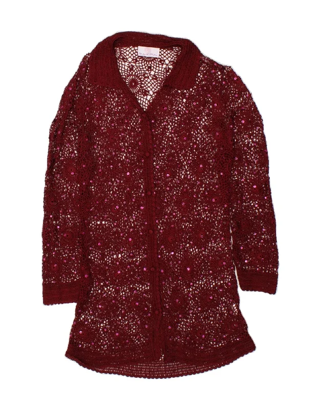 MICHELE HOPE Womens Longline Crochet Cardigan Sweater UK 12 Medium Maroon Affordable sweaters