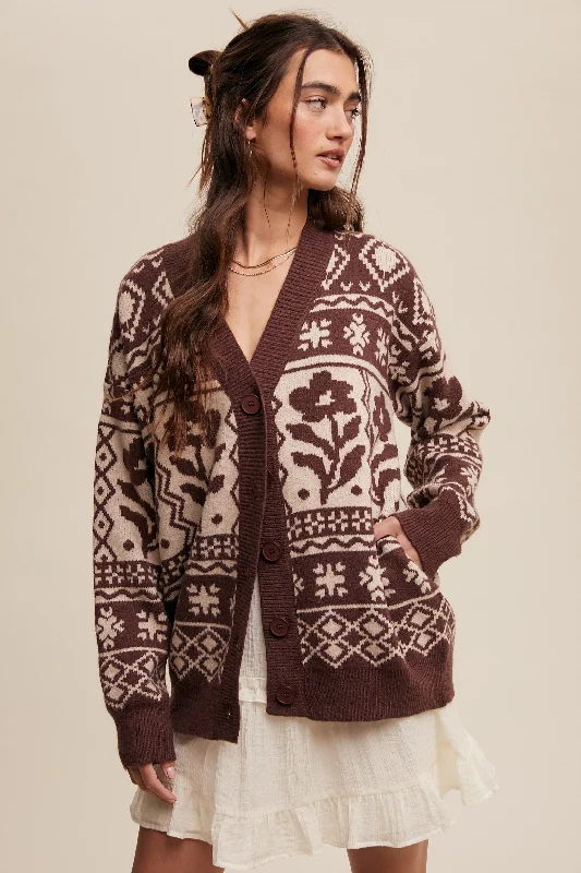 Mocha Printed Button Up Cardigan Warm sweaters