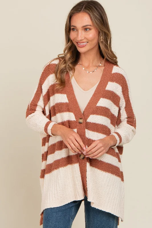 Mocha Textured Knit Striped Oversized Cardigan Sporty sweaters