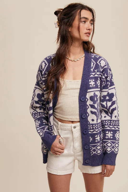 Navy Blue Printed Button Up Cardigan Women's sweaters