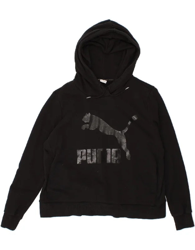 PUMA Womens Graphic Hoodie Jumper UK 14 Medium Black Cotton Cozy knit sweaters for winter