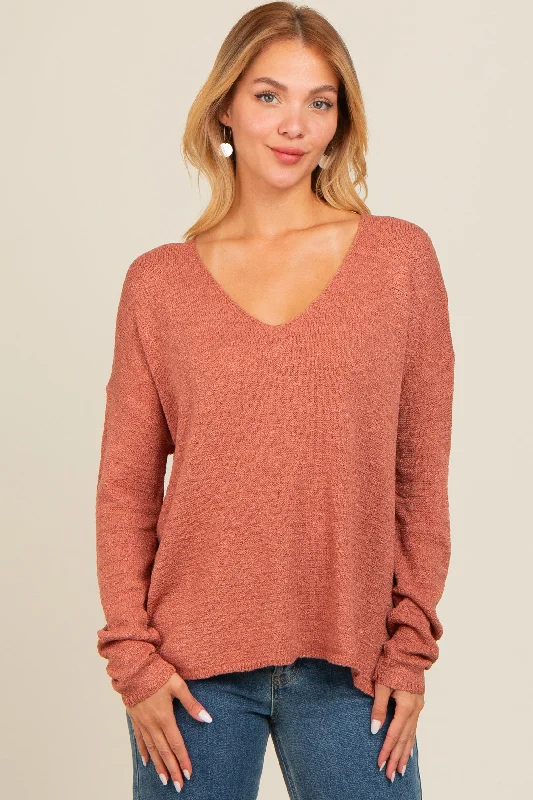 Rust V-Neck Basic Sweater Kids' sweaters