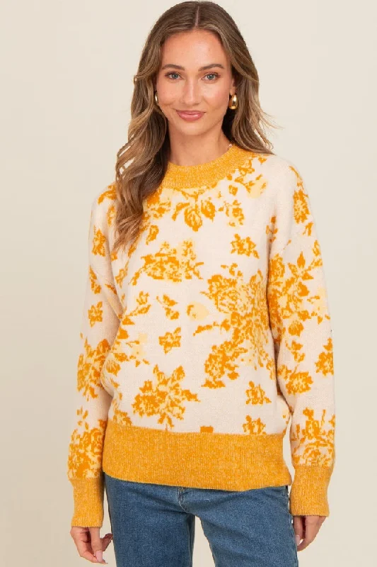 Yellow Floral Crew Neck Sweater Trendy oversized sweaters