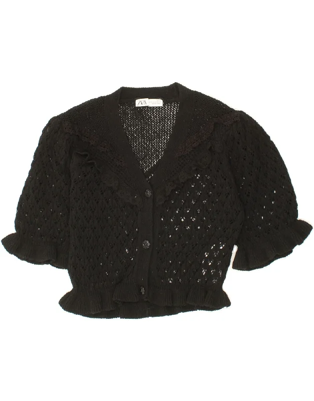 ZARA Womens Crop Short Sleeve Crochet Cardigan Sweater UK 12 Medium Black Levi's sweaters