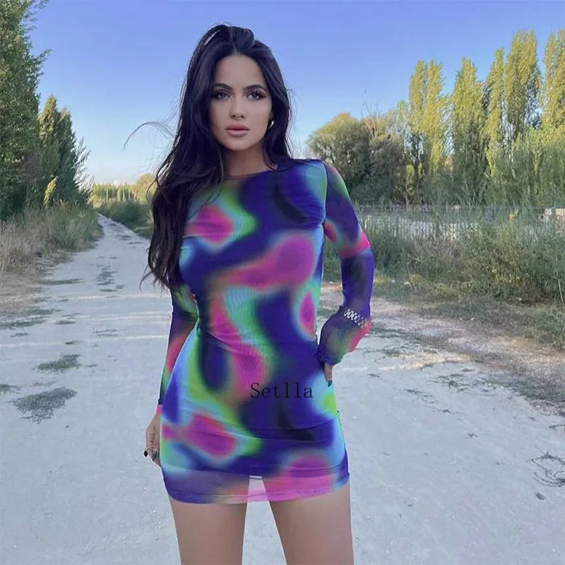 Tie Dye O Neck Sleeve Backless Mini Dress Vacation mini dresses