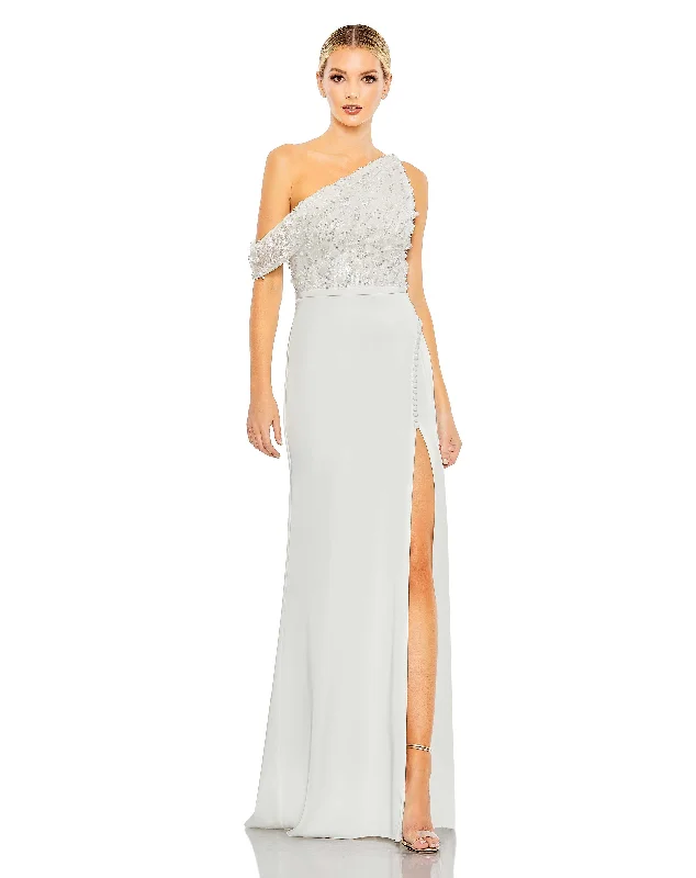 Embellished Drop Shoulder Column Gown Lace Back Wedding