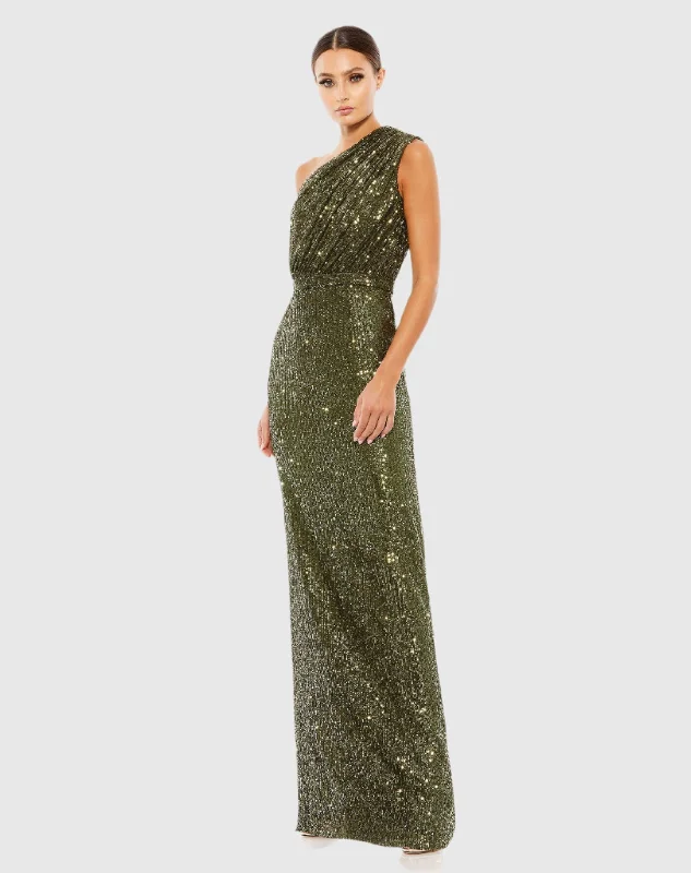 Dark Green Sequined Ruched One Shoulder Gown Chic Bridal Gown