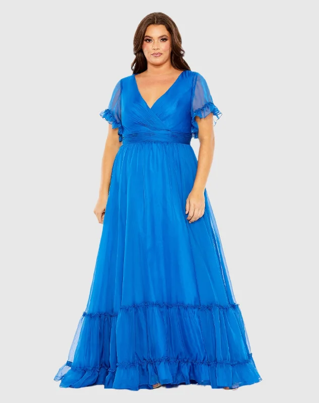 Chiffon Faux Wrap Flutter Sleeve Tiered Gown (Plus) Romantic Satin Dress