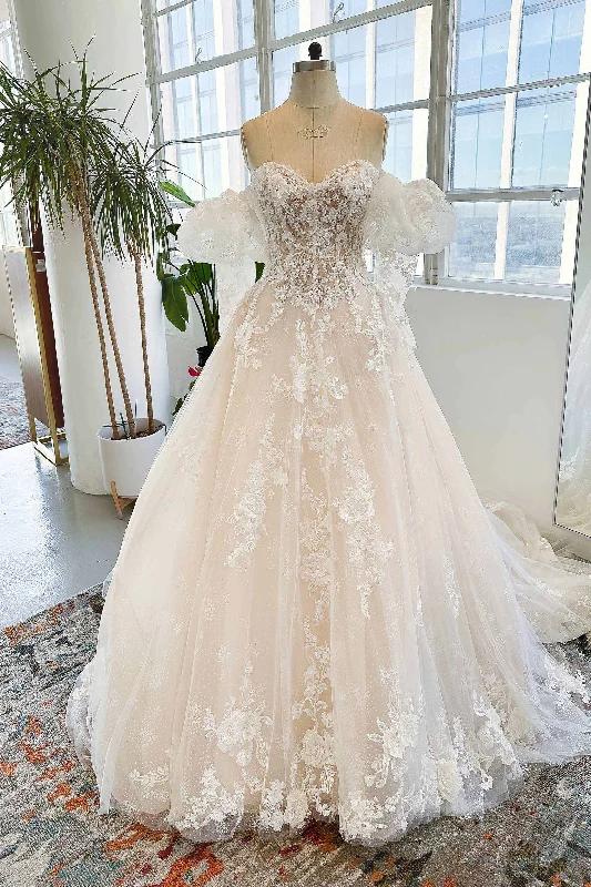 A-Line Chapel Train Sparkle Tulle Wedding Dress CW3004 Soft Wedding Gown