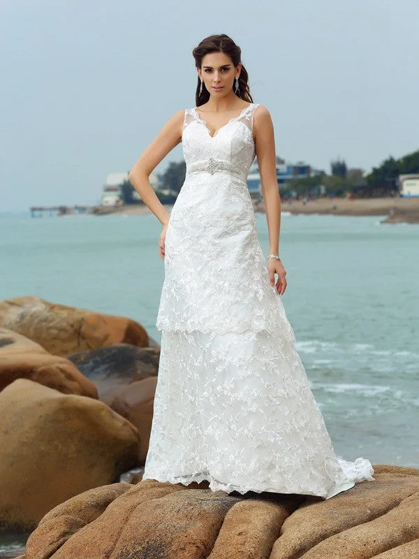 A-Line/Princess Straps Applique Sleeveless Long Satin Beach Wedding Dresses TPP0006835 Sexy Satin Gown