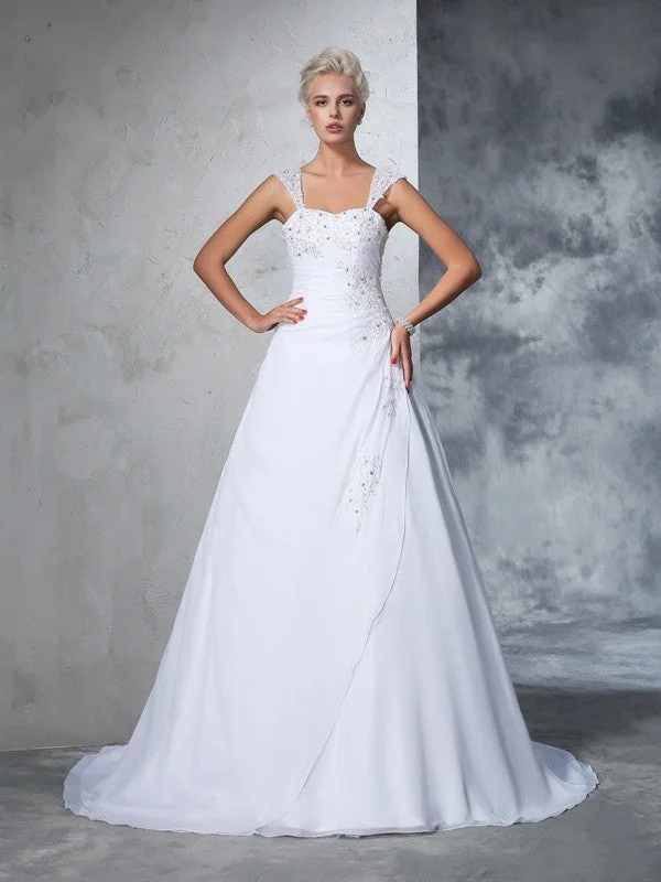 Ball Gown Straps Applique Sleeveless Long Chiffon Wedding Dresses Romantic Lace Dress