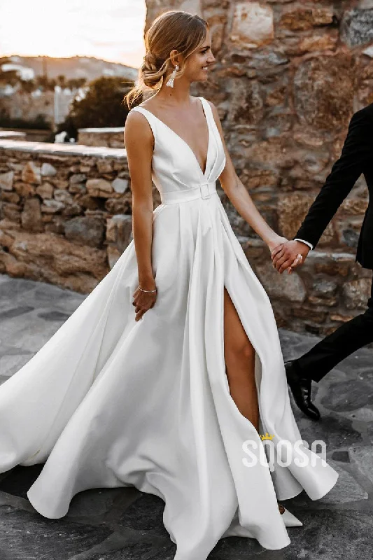 Attractive Deep V-Neck White Satin Bohemian Wedding Dress QW0908 Romantic Wedding Dress