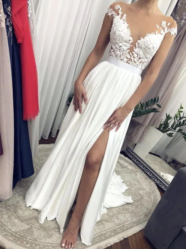 Cap Sleeves Round Neck White Lace Long Wedding Dresses, Cap Sleeves White Lace Formal Evening Prom Dresses Classic Lace Gown