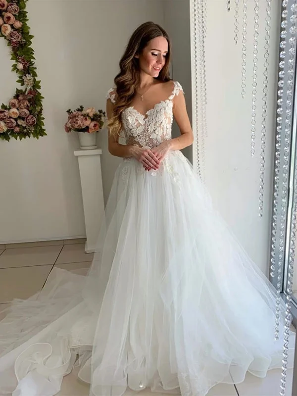 Cap Sleeves White Lace Long Wedding Dresses Prom Dresses, White Lace Formal Dresses, White Evening Dresses Soft Lace Gown