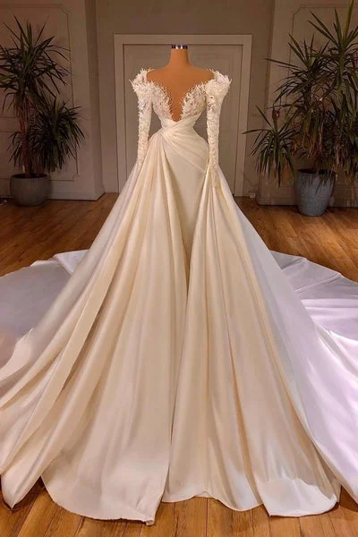 Charming Long A-line Cathedral V-neck Satin Lace Wedding Dresses With Sleeves Beautiful Lace Gown