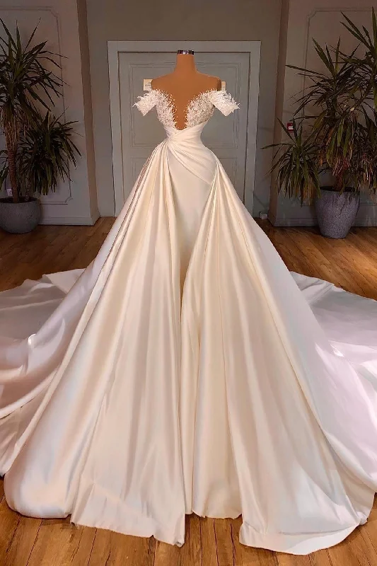 Charming Long A-line Off-the-shoulder Cathedral V-neck Satin Lace Wedding Dress Chic Wedding Gown