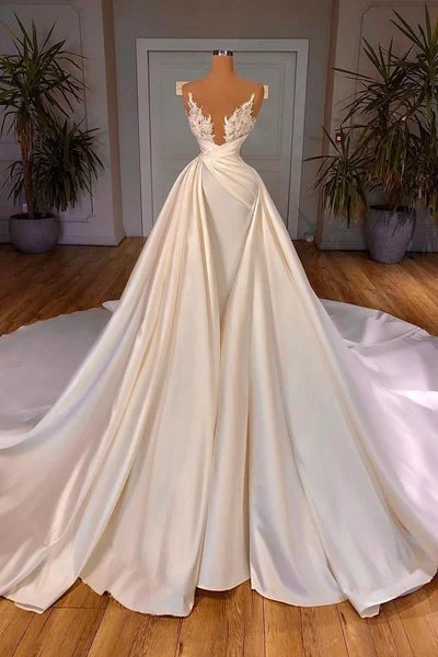 Chic Long A-line Cathedral Sleeveless V-neck Satin Wedding Dresses Open Back Dress