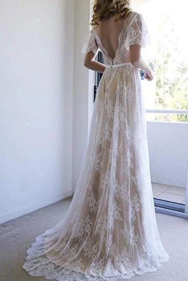 Elegant Lace V Neck Beach Wedding Dresses Short Sleeve Long Backless Wedding Gowns W1075 Beaded Lace Wedding