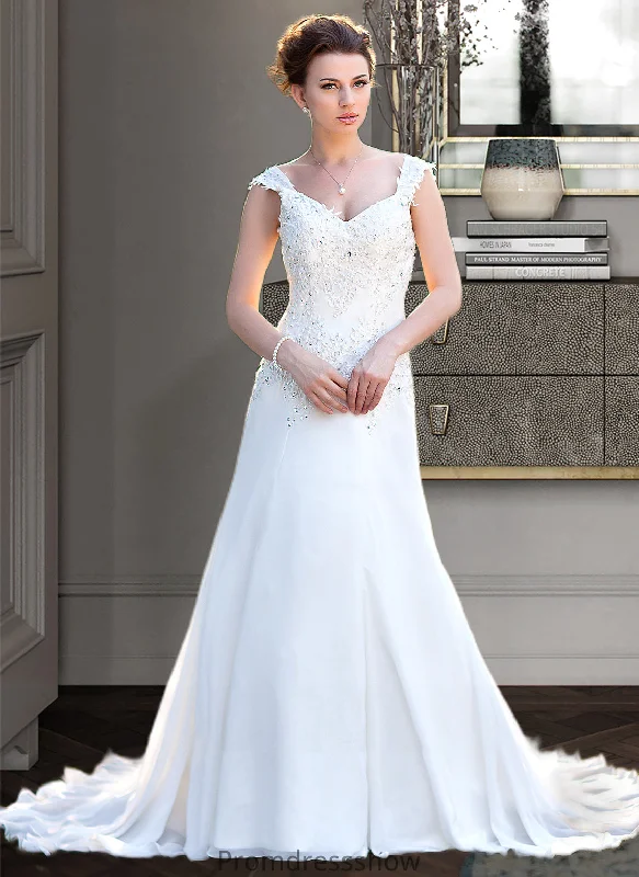 Elsie A-Line V-neck Court Train Chiffon Wedding Dress With Lace Beading Sequins STKP0013776 Sheer Wedding Dress