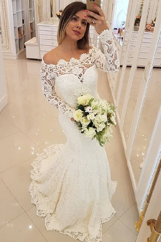 Gorgeous Off Shoulder Long Sleeves Mermaid Wedding Dresses Lace Wedding Dress