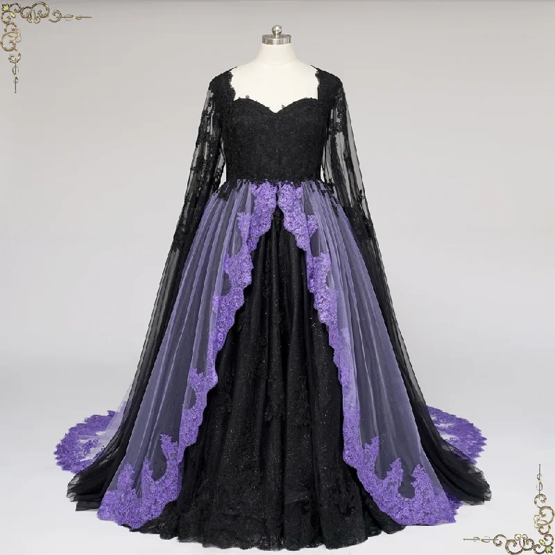 Gothic Black and Purple Lace Wedding Dress with Keyhole Back | ADRIA A-line Wedding Gown